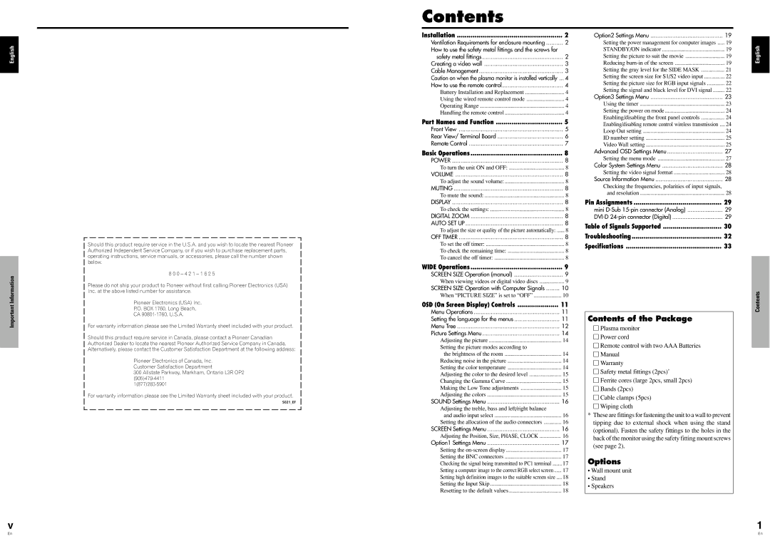 Pioneer PDP-614MX operating instructions Contents 