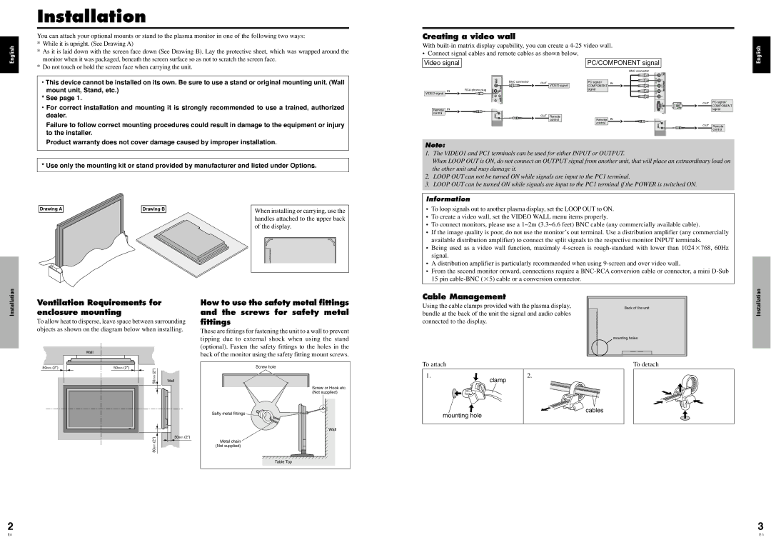 Pioneer PDP-614MX Installation, Creating a video wall, Ventilation Requirements for enclosure mounting, Cable Management 