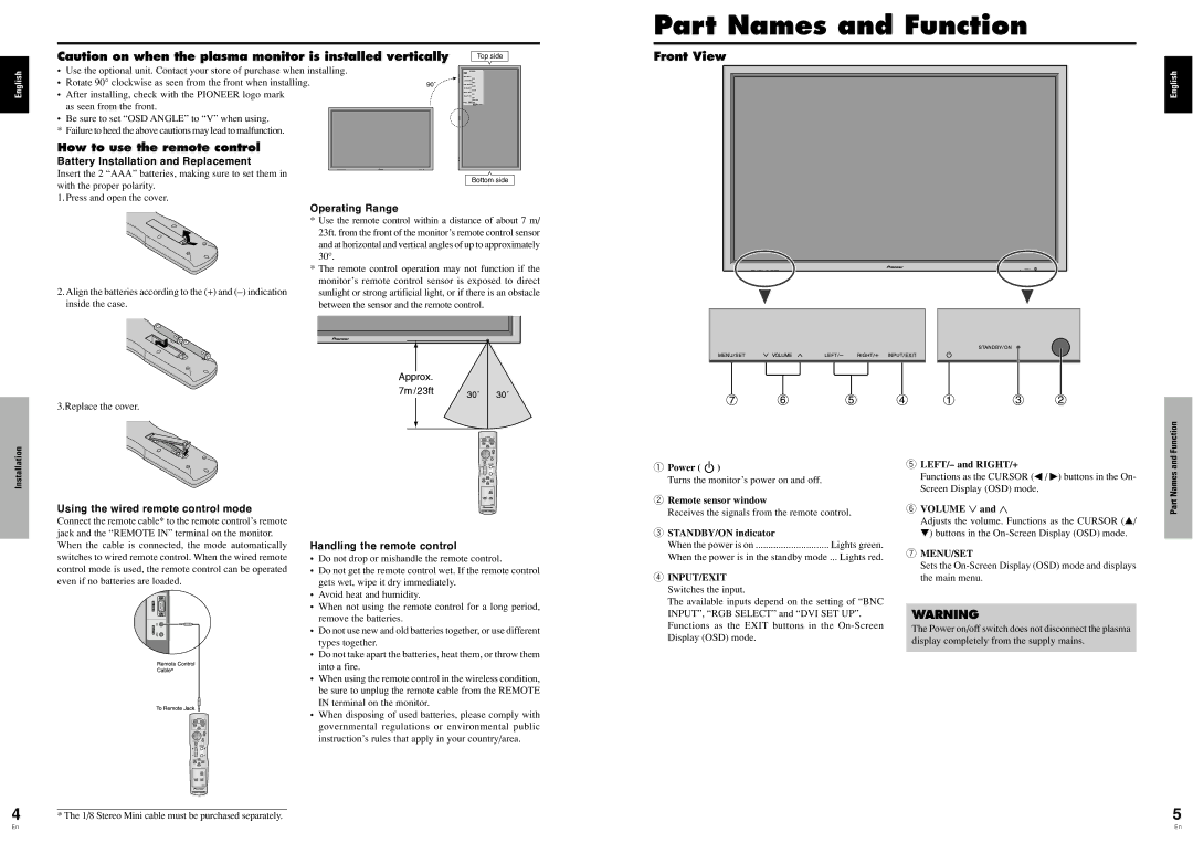 Pioneer PDP-614MX operating instructions Part Names and Function, Front View, How to use the remote control 