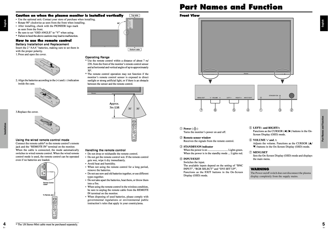 Pioneer PDP-614MX Part Names and Function, Caution on when the plasma monitor is installed vertically, Front View 