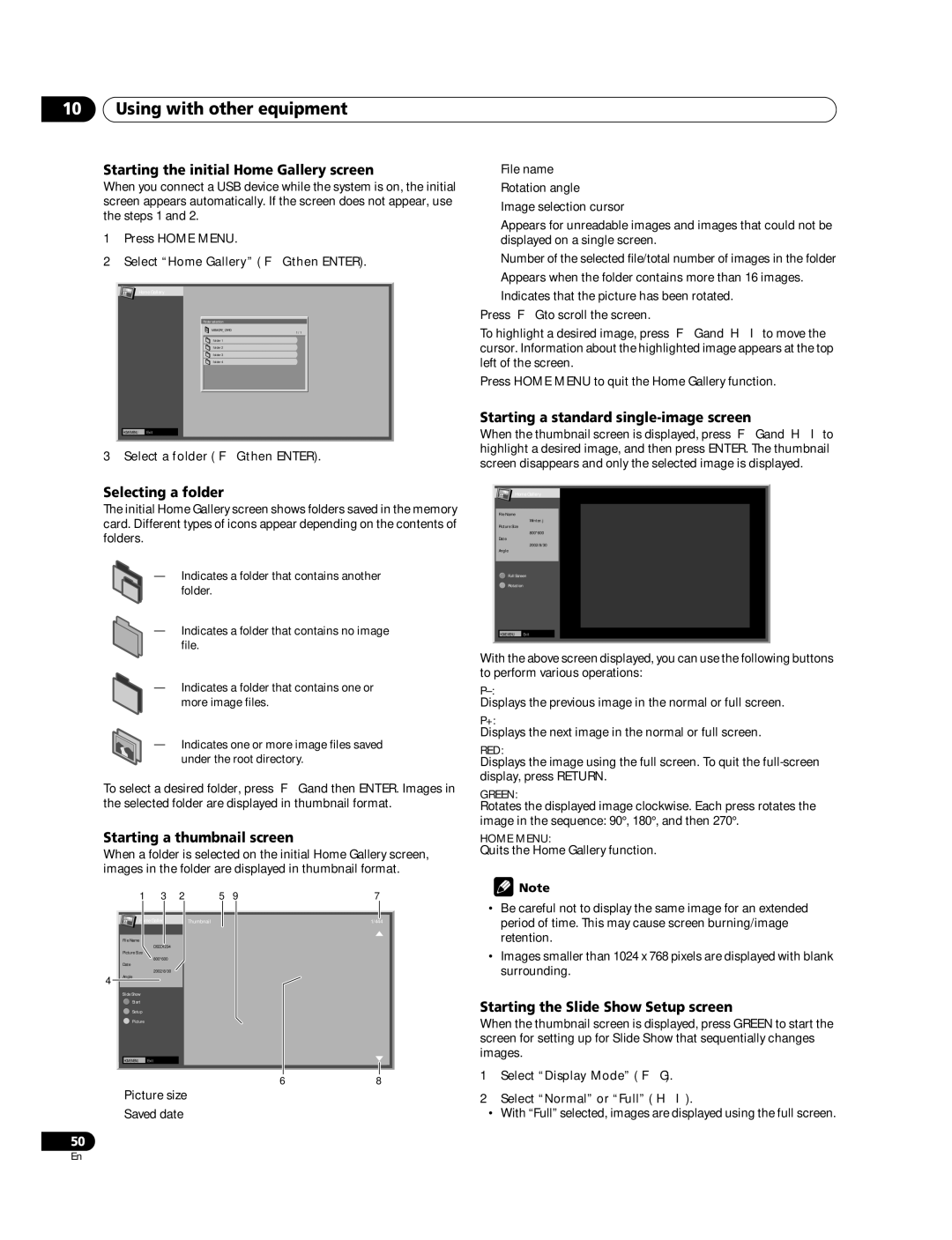 Pioneer PDP-LX508G Starting the initial Home Gallery screen, Starting a standard single-image screen, Selecting a folder 