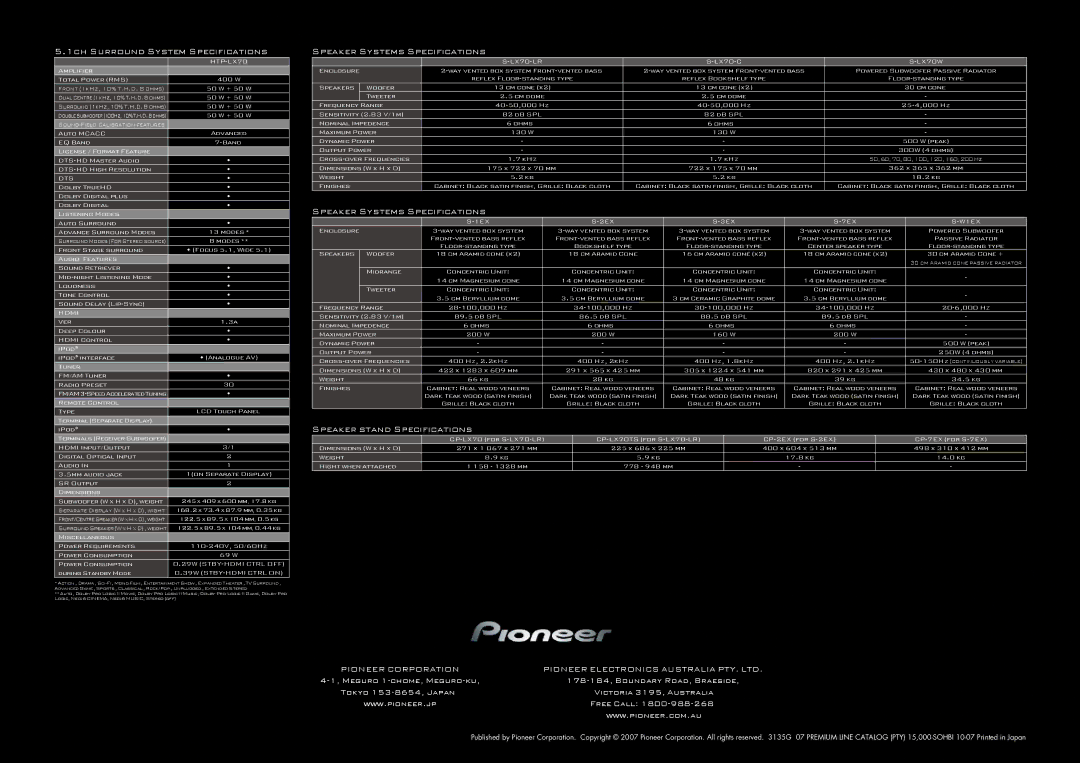 Pioneer PDP-LX508A manual 1ch Surround System Specifications, Speaker Systems Specifications, Speaker stand Specifications 