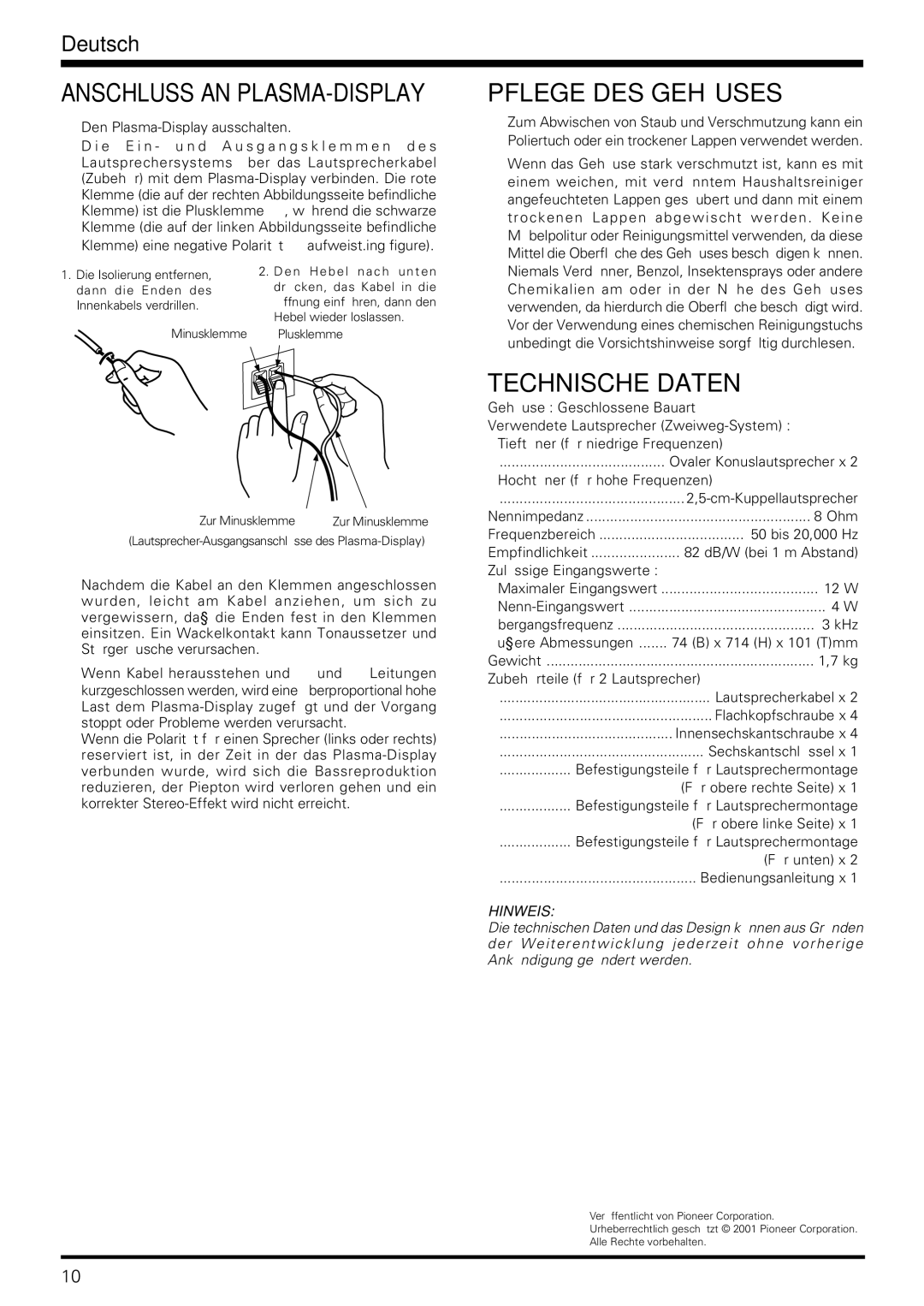 Pioneer PDP-S06-LR operating instructions Pflege DES Gehäuses, Technische Daten 