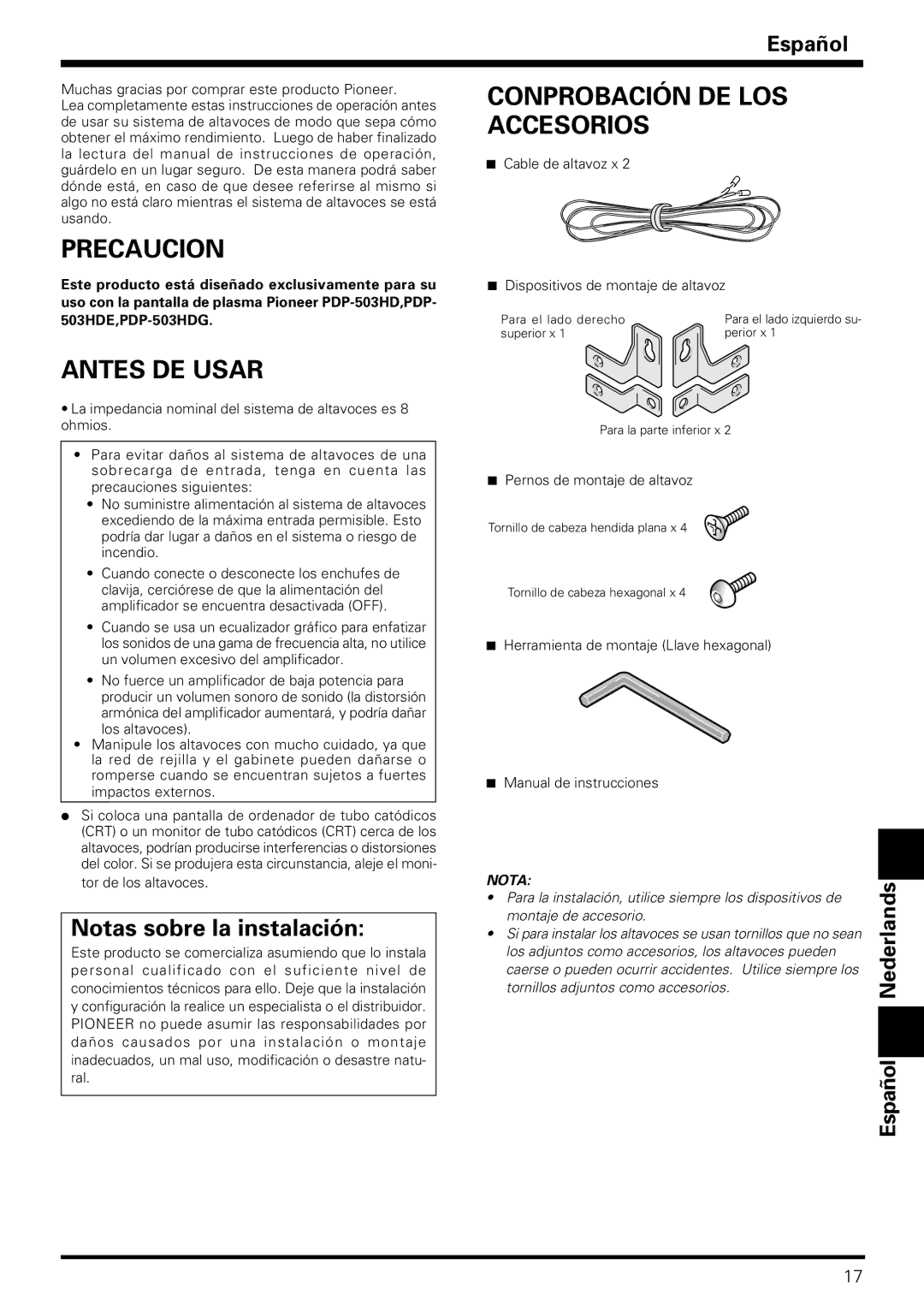 Pioneer PDP-S06-LR Precaucion, Antes DE Usar, Conprobación DE LOS Accesorios, Notas sobre la instalación 