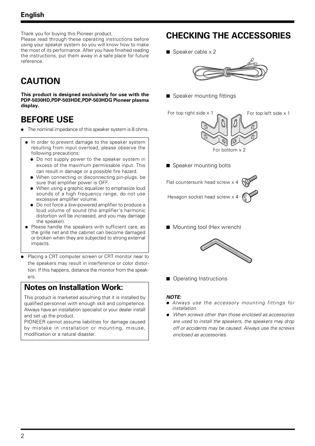 Pioneer PDP-S06-LR operating instructions Checking the Accessories, Before USE 