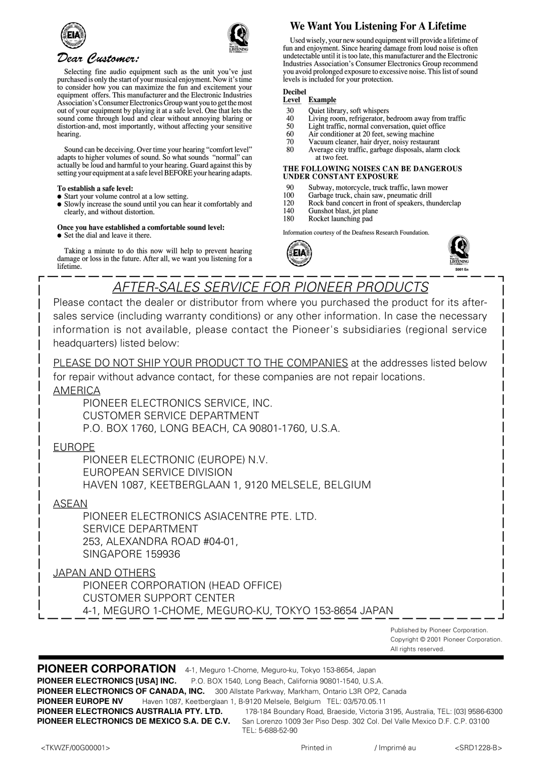 Pioneer PDP-S06-LR operating instructions AFTER-SALES Service for Pioneer Products 