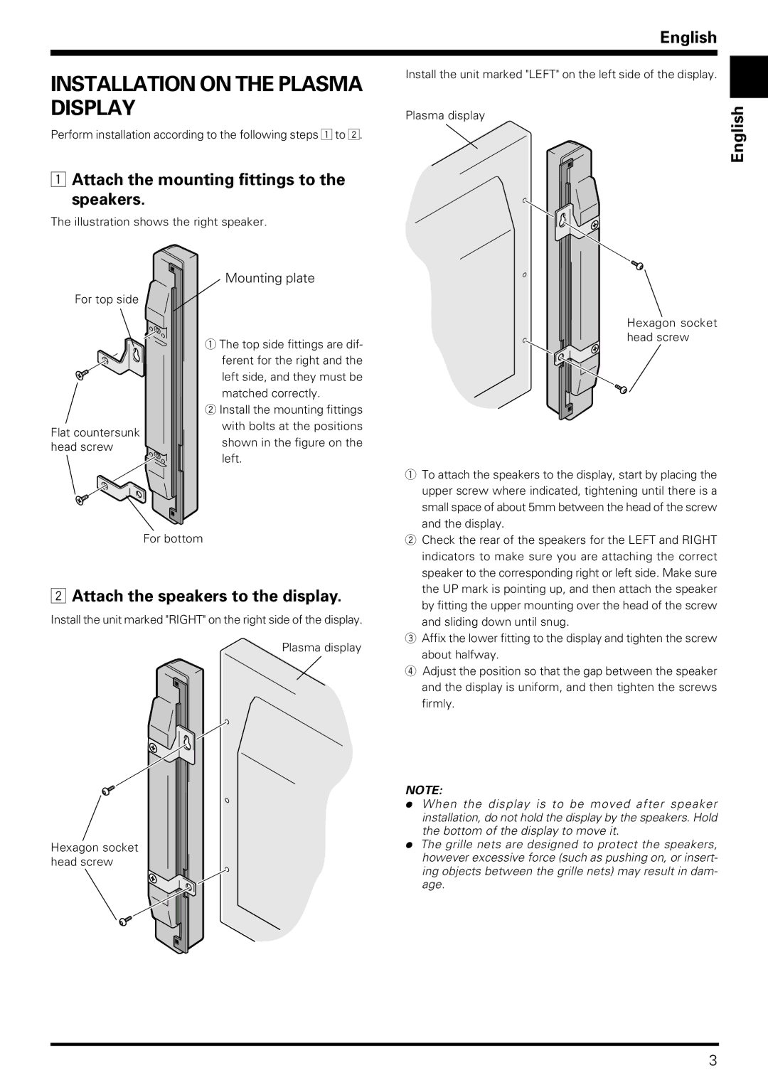 Pioneer PDP-S06-LR Installation on the Plasma Display, Mounting plate, For top side Flat countersunk head screw 