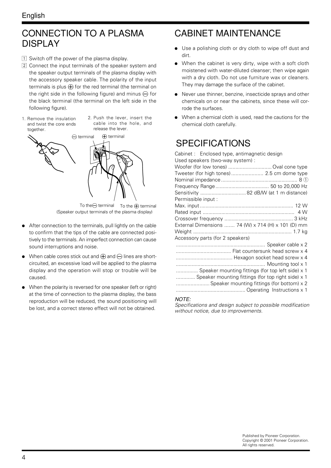 Pioneer PDP-S06-LR operating instructions Connection to a Plasma Display, Cabinet Maintenance, Specifications 