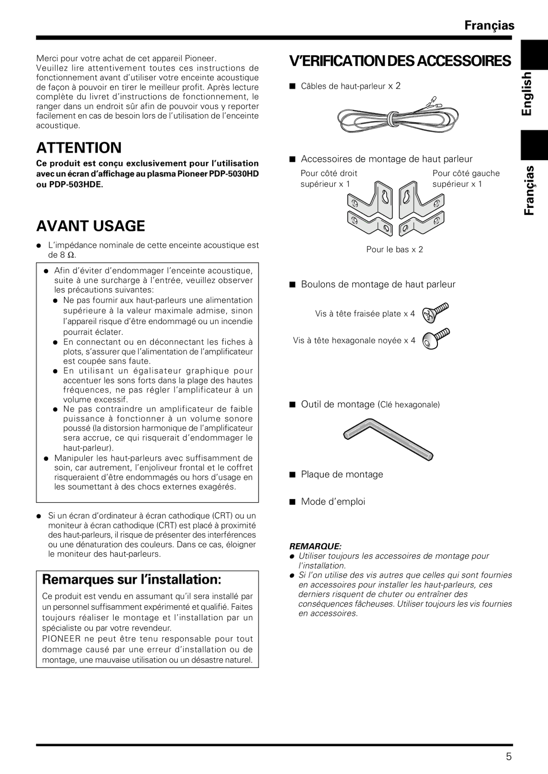 Pioneer PDP-S06-LR operating instructions Avant Usage, Remarques sur l’installation, Françias, English 