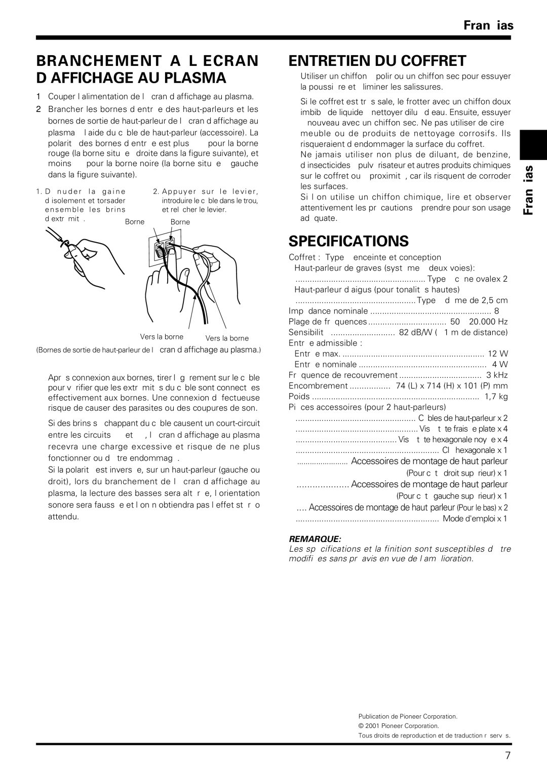 Pioneer PDP-S06-LR operating instructions Branchement a L’ECRAN D’AFFICHAGE AU Plasma, Entretien DU Coffret 