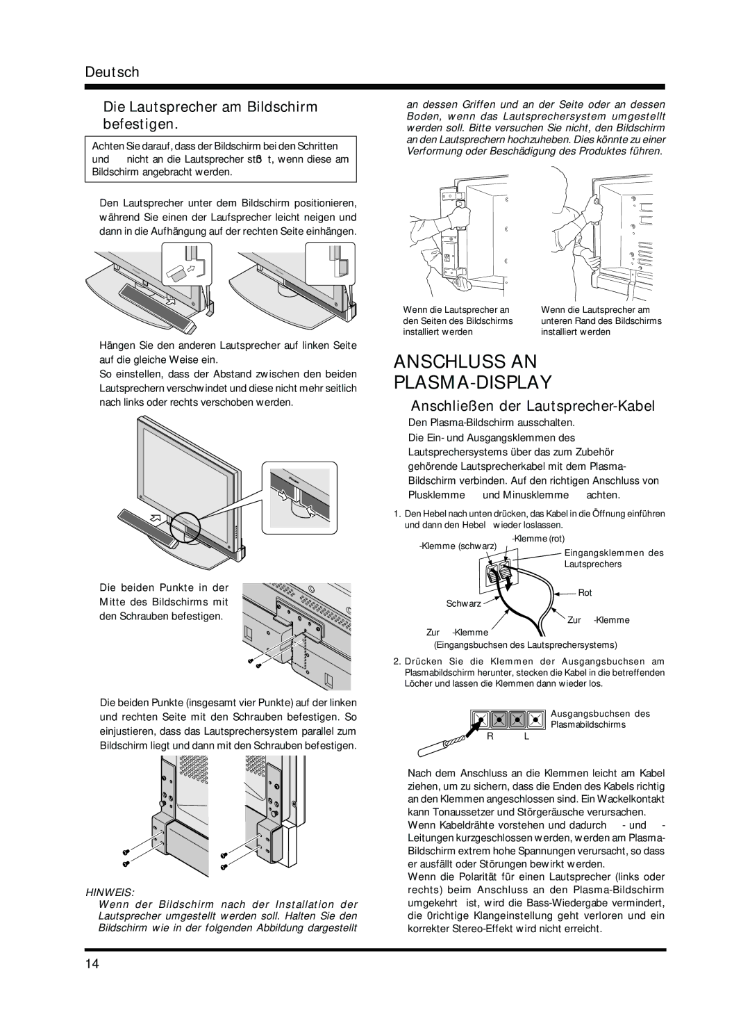 Pioneer PDP-S13-LR manual Anschluss AN PLASMA-DISPLAY, Deutsch Die Lautsprecher am Bildschirm befestigen 