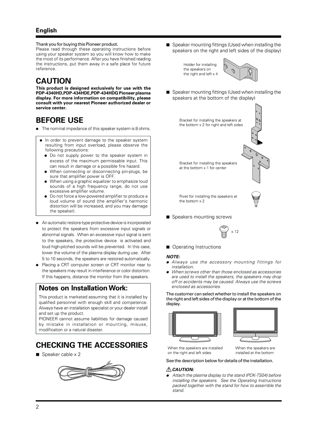 Pioneer PDP-S13-LR manual Before USE, Checking the Accessories, English, Speaker cable x 