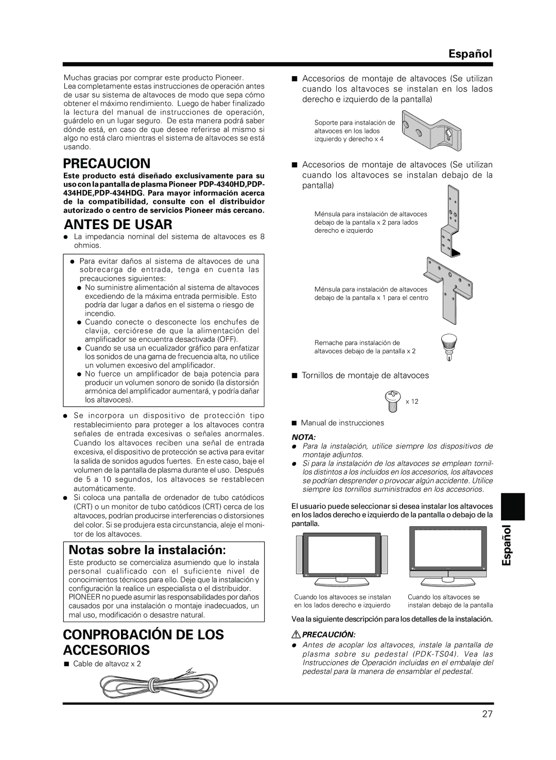 Pioneer PDP-S13-LR Precaucion, Antes DE Usar, Conprobación DE LOS Accesorios, Español, Tornillos de montaje de altavoces 