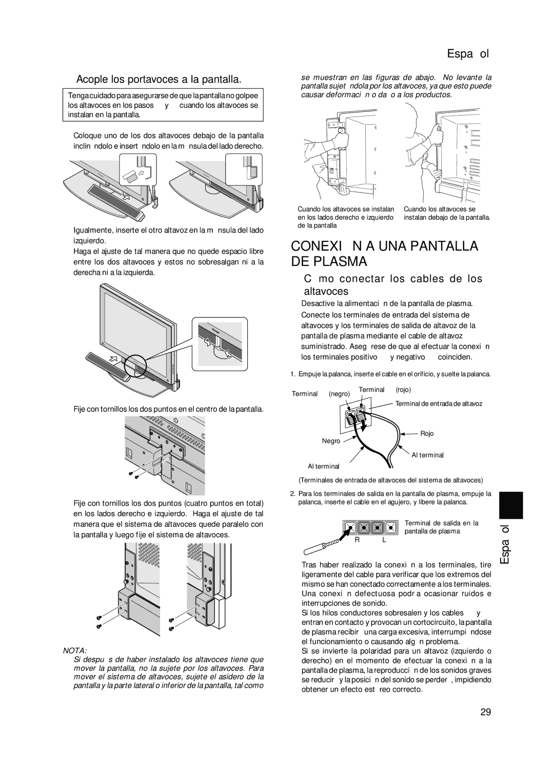 Pioneer PDP-S13-LR manual Conexión a UNA Pantalla DE Plasma, Acople los portavoces a la pantalla 