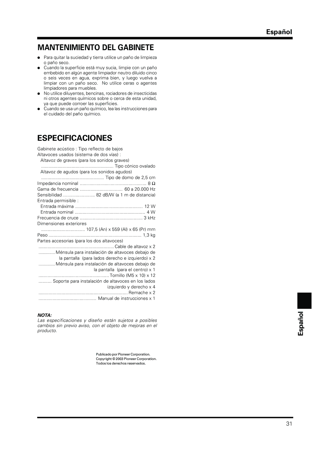 Pioneer PDP-S13-LR manual Mantenimiento DEL Gabinete, Especificaciones 