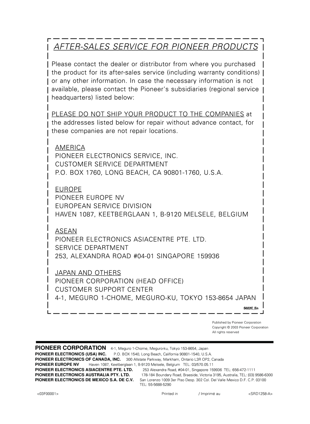 Pioneer PDP-S13-LR manual Pioneer Corporation 