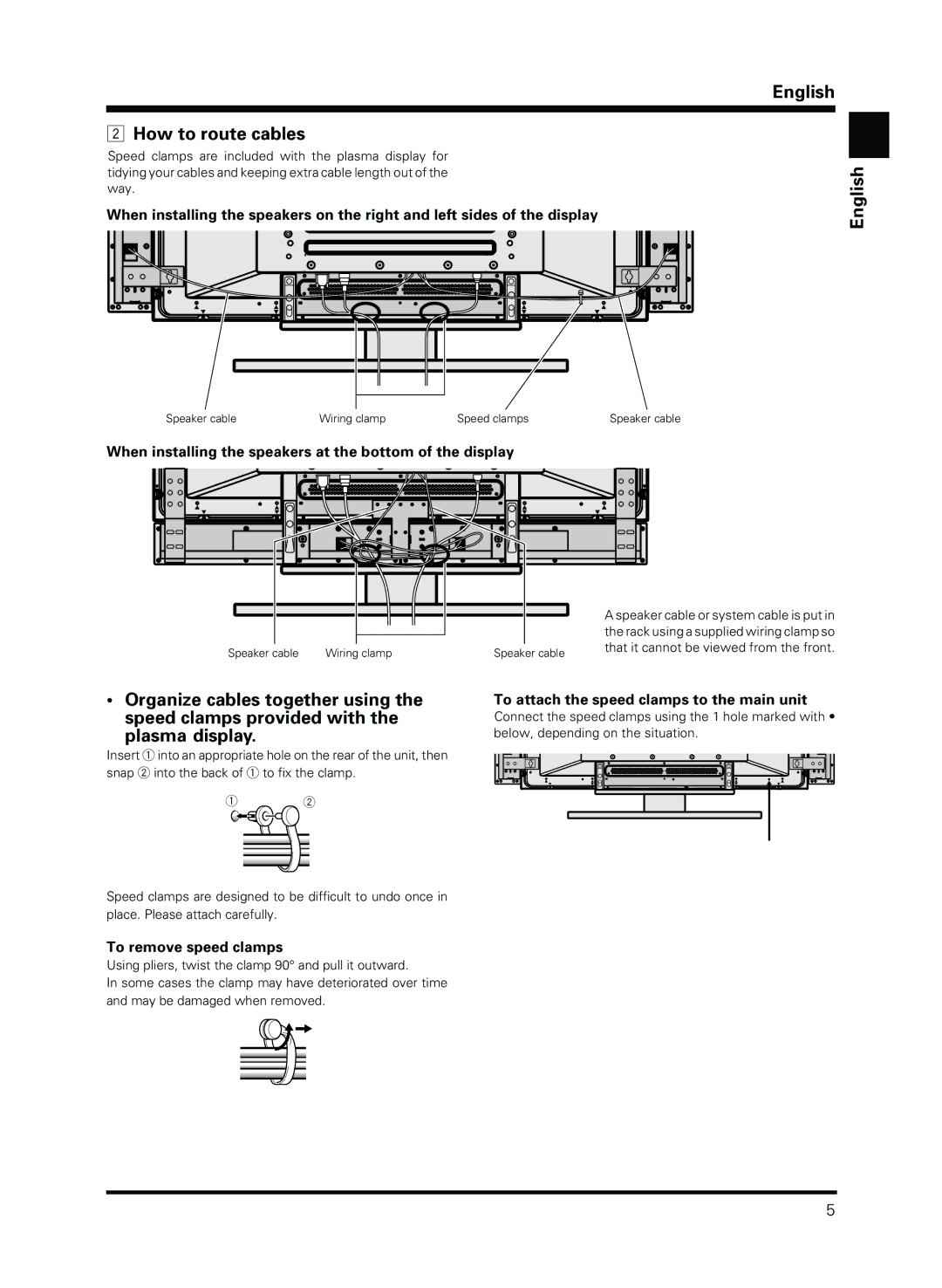 Pioneer PDP-S13-LR How to route cables, When installing the speakers at the bottom of the display, To remove speed clamps 