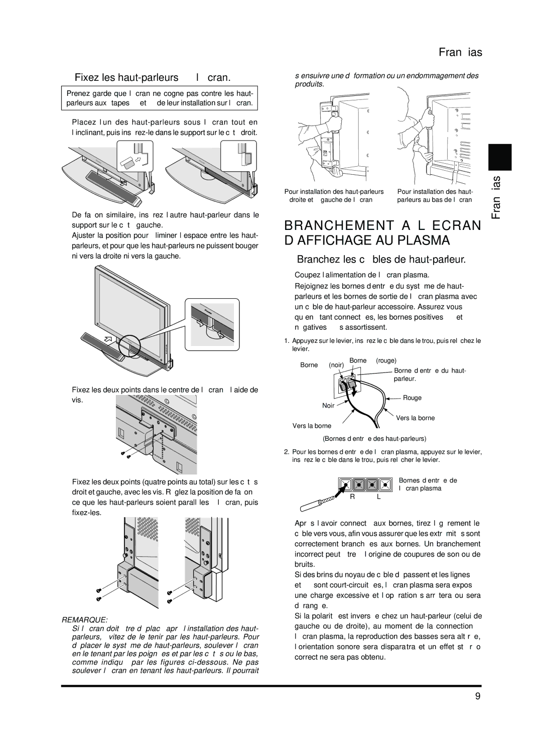 Pioneer PDP-S13-LR manual Branchement a L’ECRAN D’AFFICHAGE AU Plasma, Çias, Branchez les câbles de haut-parleur, Vis 