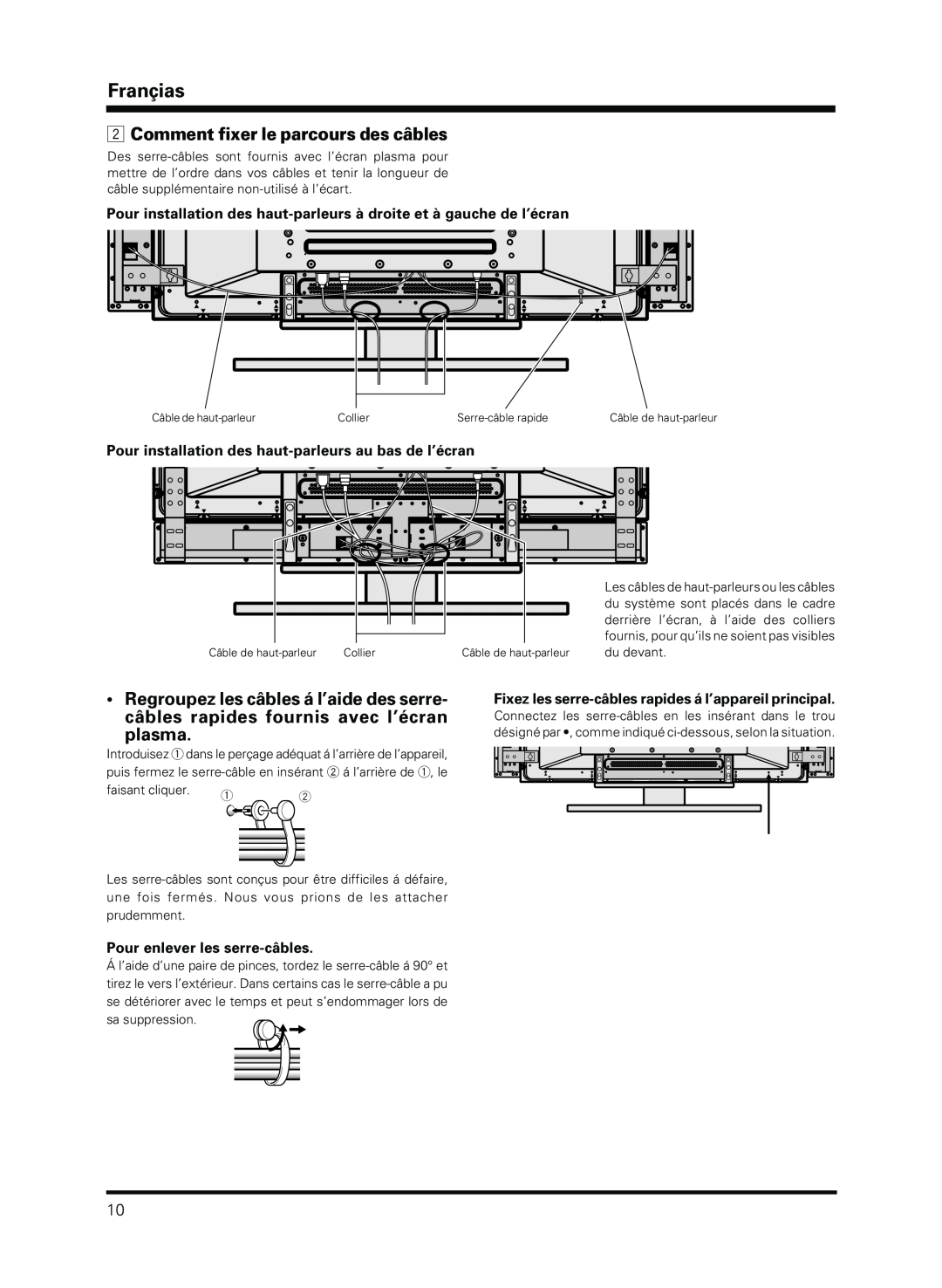 Pioneer PDP-S13-LR Comment fixer le parcours des câbles, Pour installation des haut-parleurs au bas de l’écran, Françias 