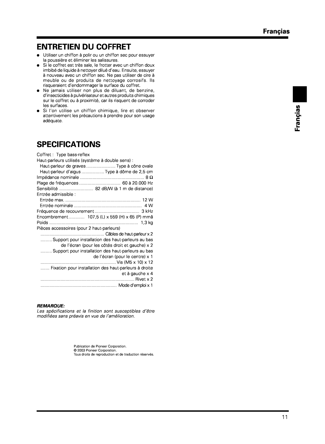 Pioneer PDP-S13-LR manual Entretien Du Coffret, Françias Françias, Specifications, Remarque, Haut-parleur de graves 