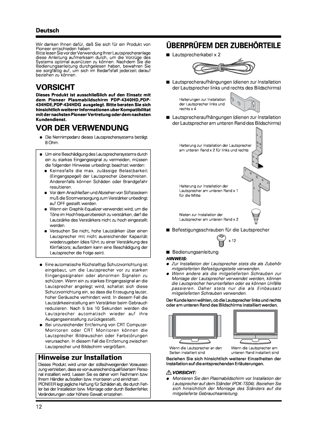 Pioneer PDP-S13-LR manual Vorsicht, Vor Der Verwendung, Überprüfem Der Zubehörteile, Hinweise zur Installation, Deutsch 