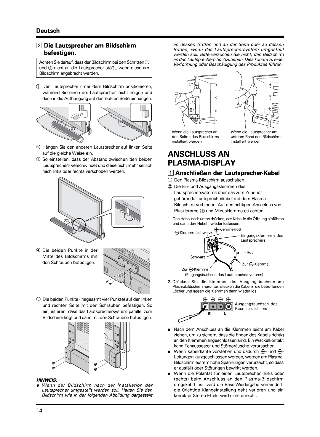 Pioneer PDP-S13-LR manual Anschluss An Plasma-Display, Deutsch 2 Die Lautsprecher am Bildschirm befestigen, Hinweis 