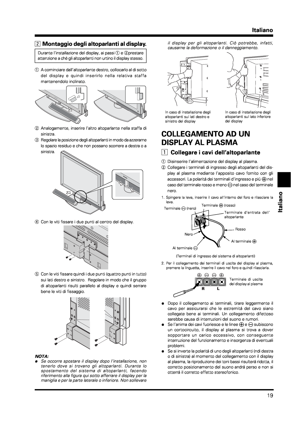 Pioneer PDP-S13-LR manual Collegamento Ad Un Display Al Plasma, Montaggio degli altoparlanti al display, Italiano, Nota 