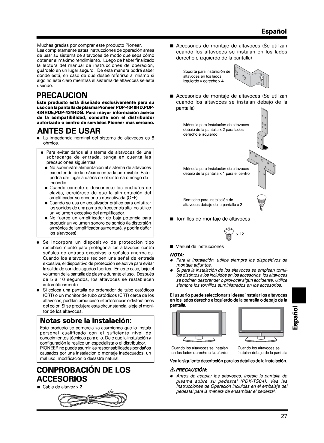 Pioneer PDP-S13-LR manual Precaucion, Antes De Usar, Conprobación De Los Accesorios, Notas sobre la instalación, Español 