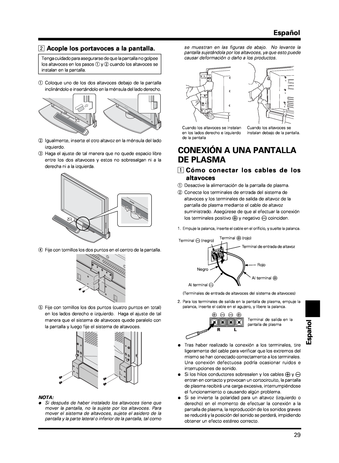 Pioneer PDP-S13-LR manual Conexión A Una Pantalla De Plasma, Acople los portavoces a la pantalla, Español, Nota, ª · · ª 