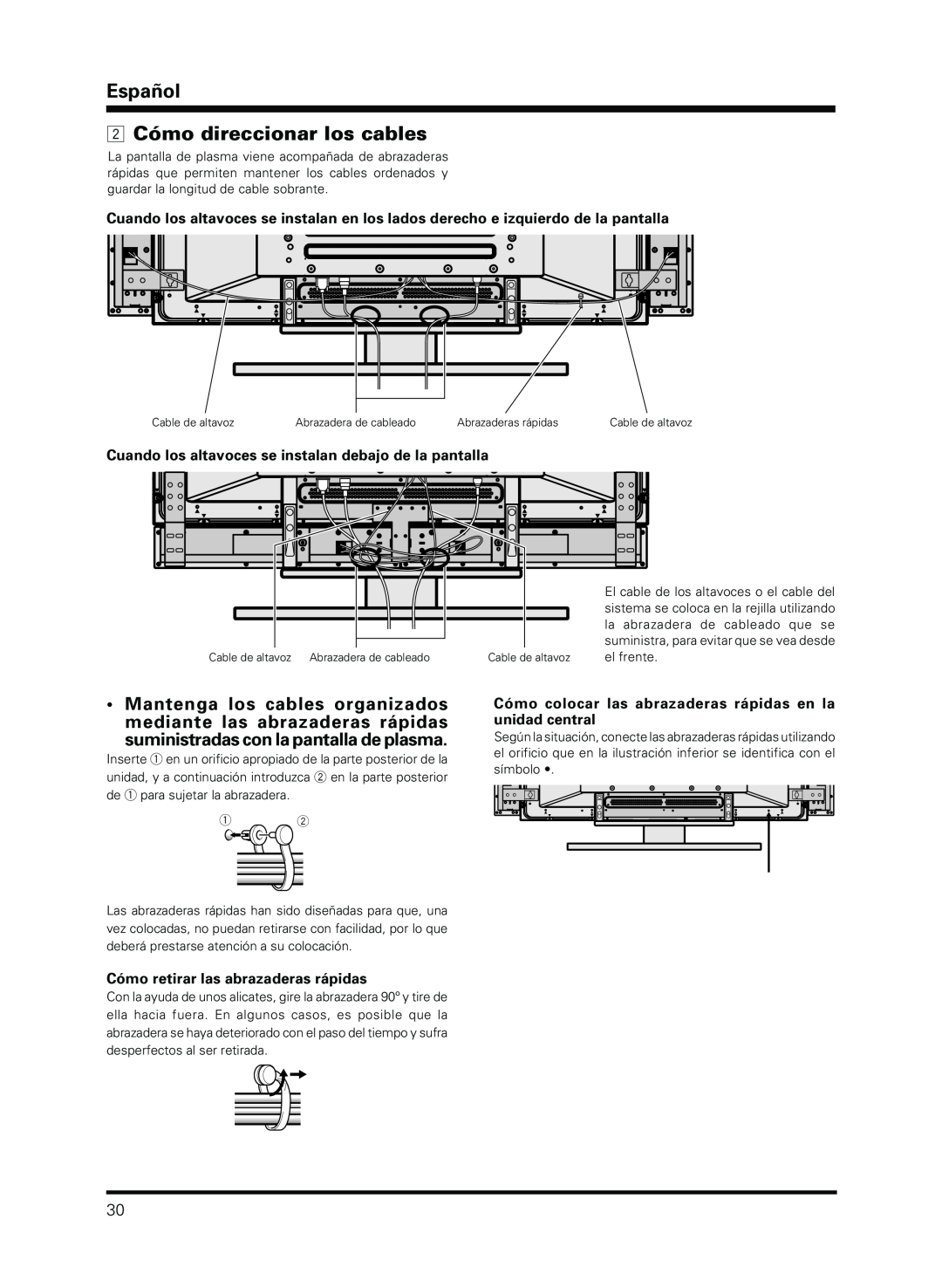 Pioneer PDP-S13-LR manual Español 2 Cómo direccionar los cables, Cuando los altavoces se instalan debajo de la pantalla 