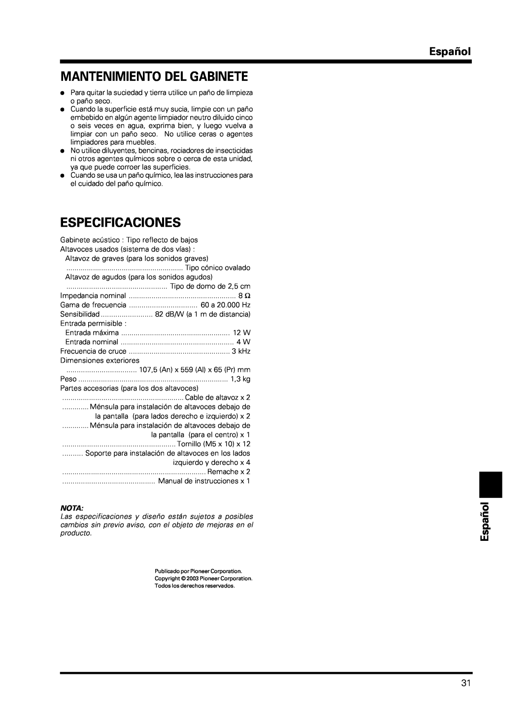 Pioneer PDP-S13-LR manual Mantenimiento Del Gabinete, Especificaciones, Español Español, Nota 