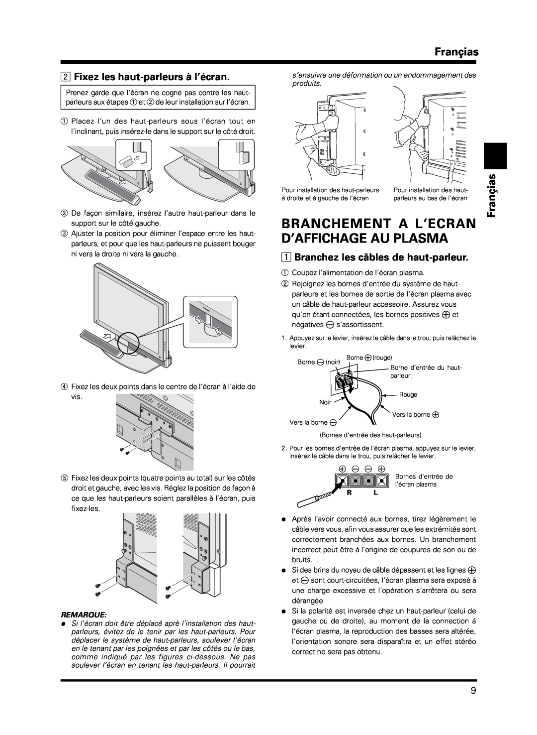 Pioneer PDP-S13-LR manual Branchement A L’Ecran D’Affichage Au Plasma, Branchez les câbles de haut-parleur, Françias 