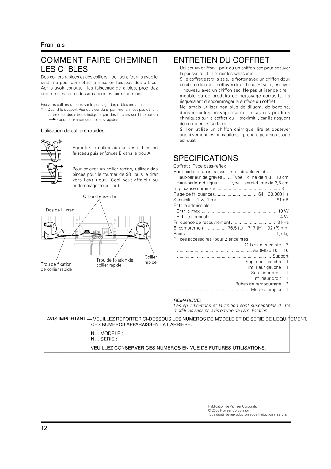 Pioneer PDP-S36 Comment Faire Cheminer LES Câbles, Entretien DU Coffret, Utilisation de colliers rapides 