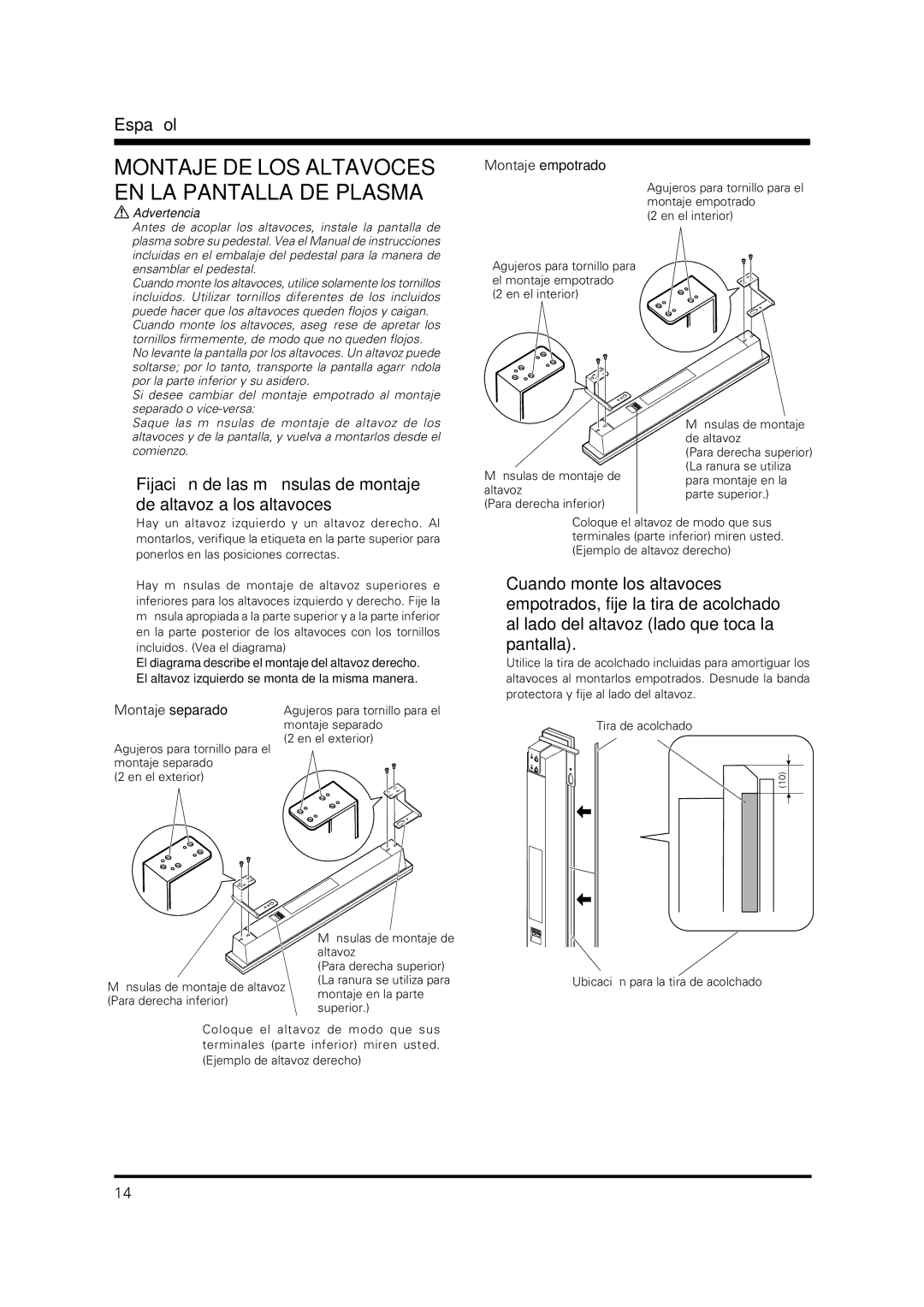 Pioneer PDP-S36 operating instructions Montaje DE LOS Altavoces, EN LA Pantalla DE Plasma 