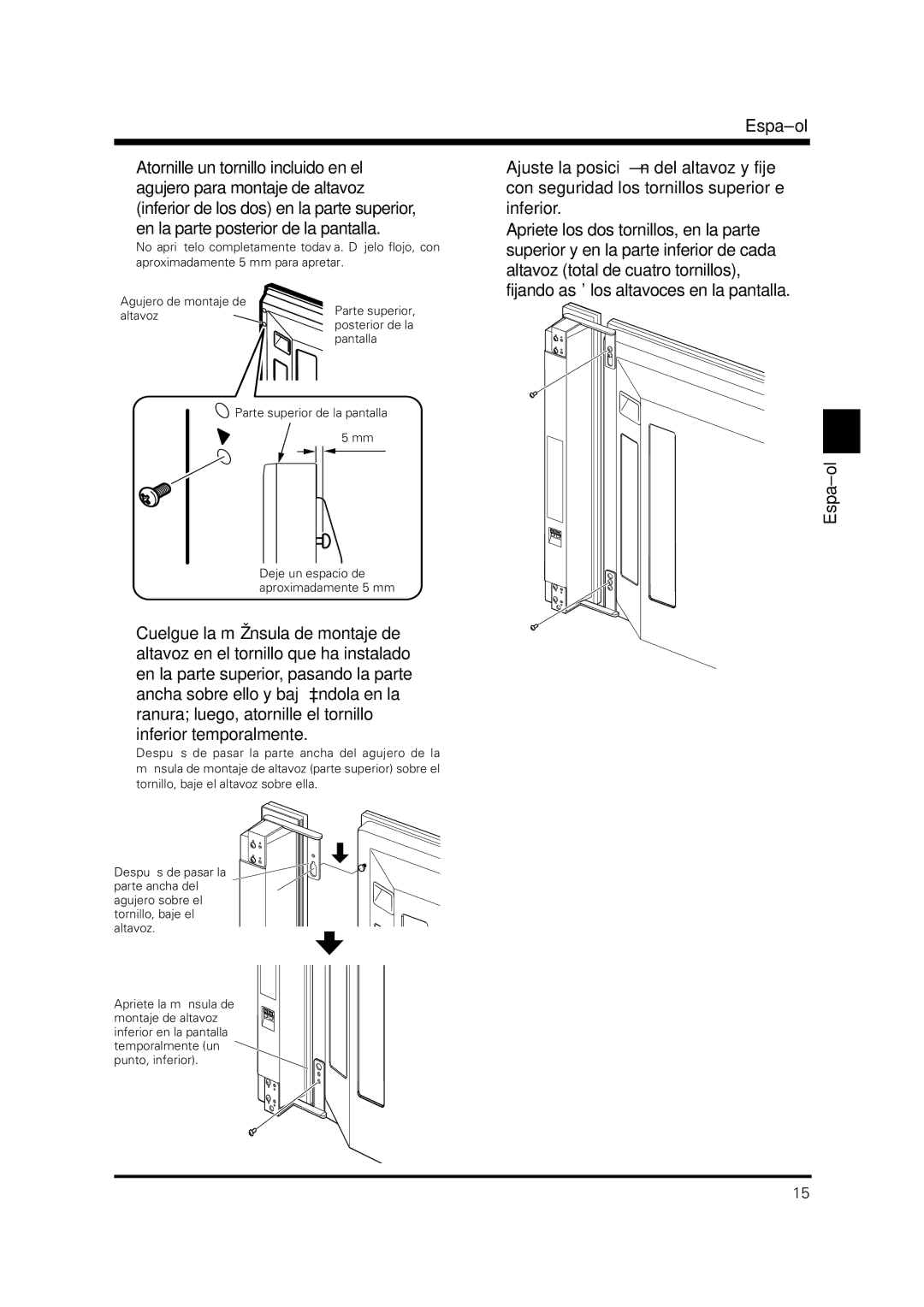 Pioneer PDP-S36 operating instructions En la parte posterior de la pantalla, Inferior temporalmente 