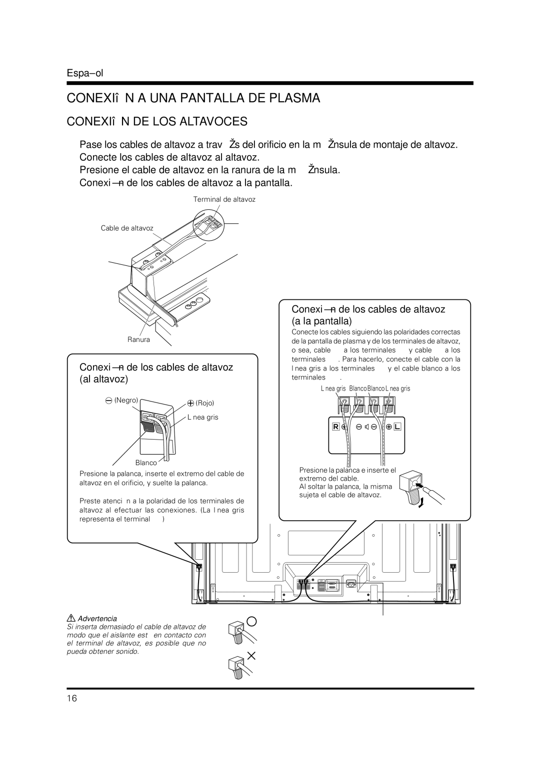 Pioneer PDP-S36 operating instructions Conexión a UNA Pantalla DE Plasma, Conexión de los cables de altavoz a la pantalla 