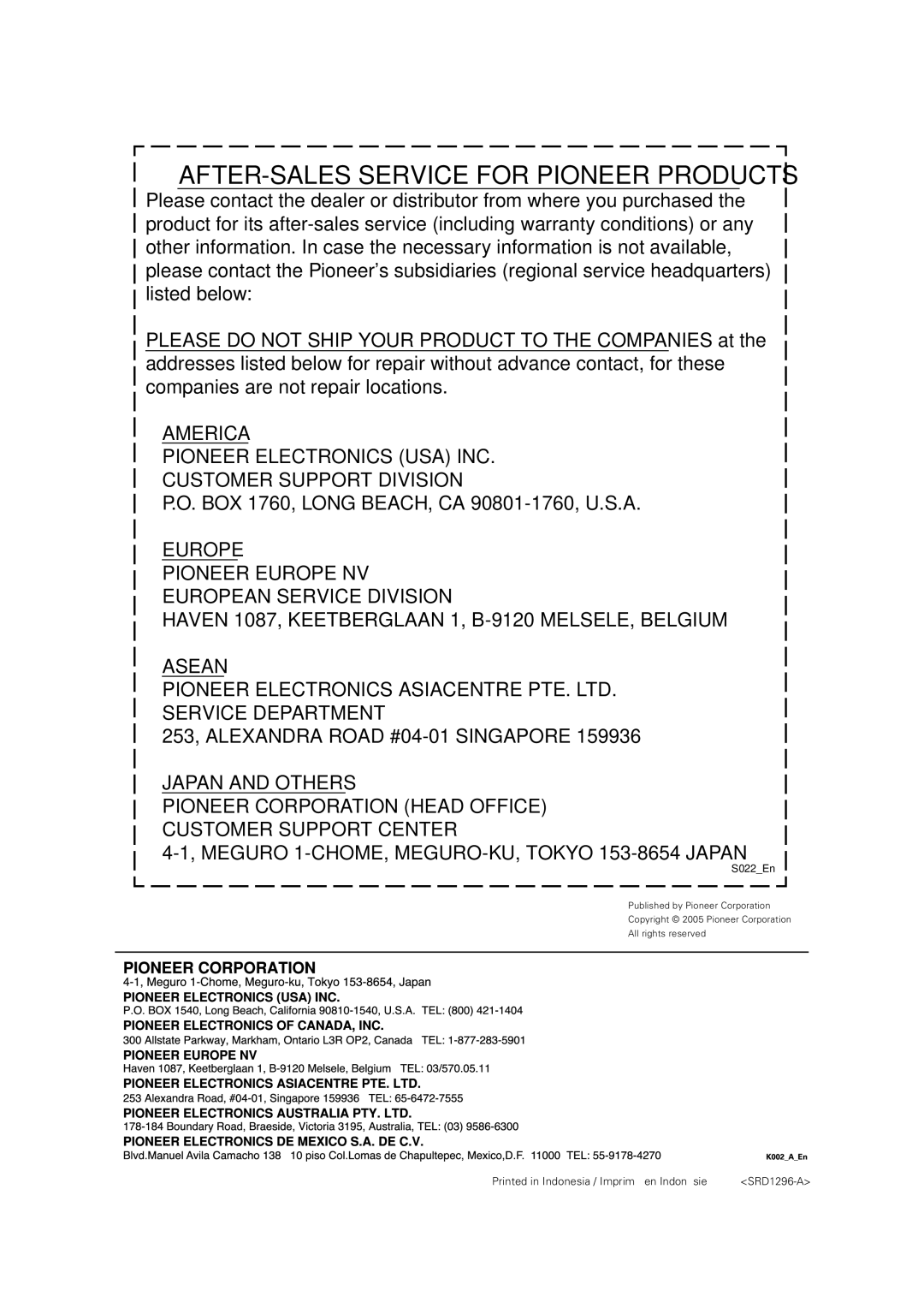 Pioneer PDP-S36 operating instructions AFTER-SALES Service for Pioneer Products 