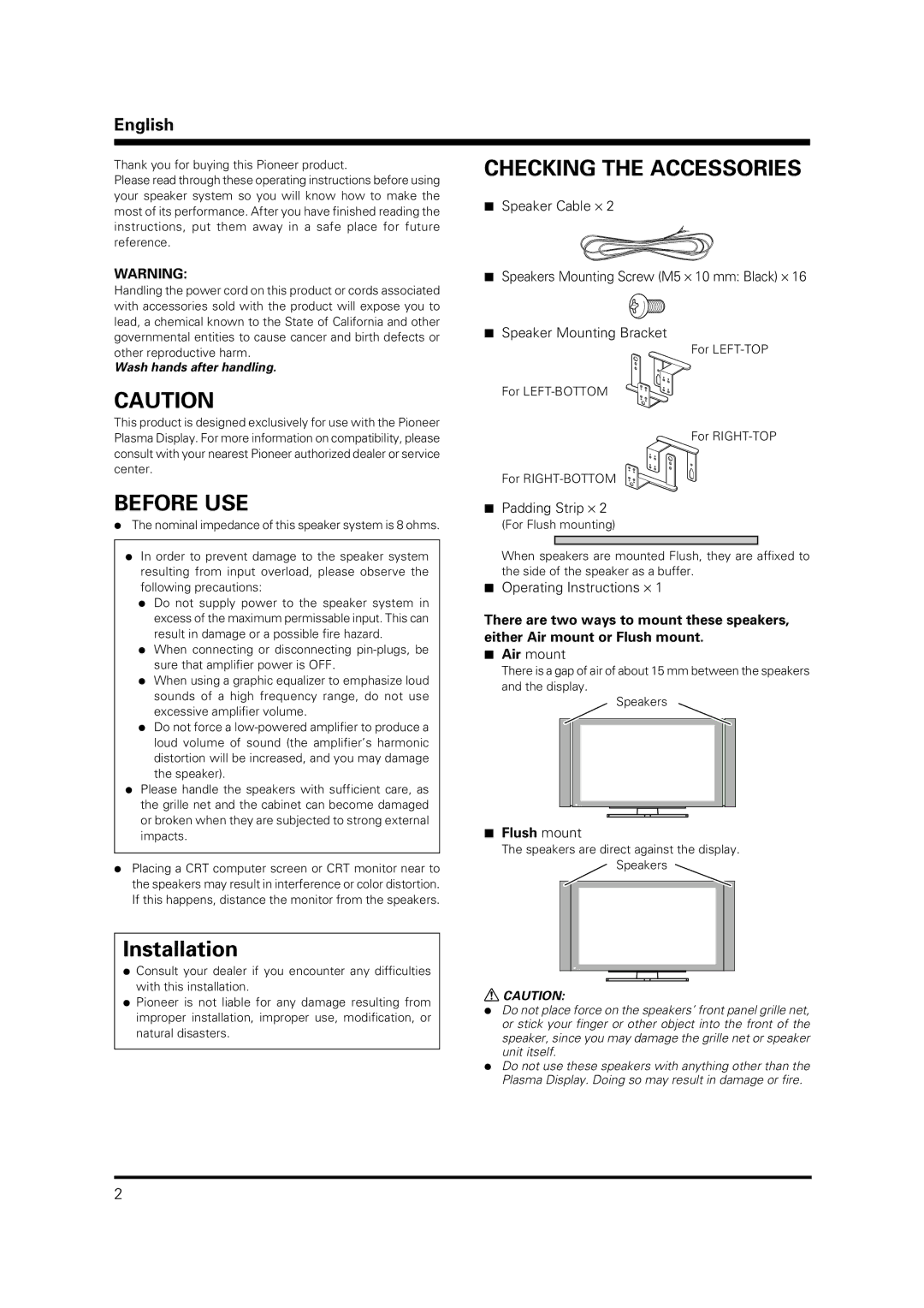 Pioneer PDP-S36 operating instructions Before USE, Checking the Accessories, English, Flush mount 