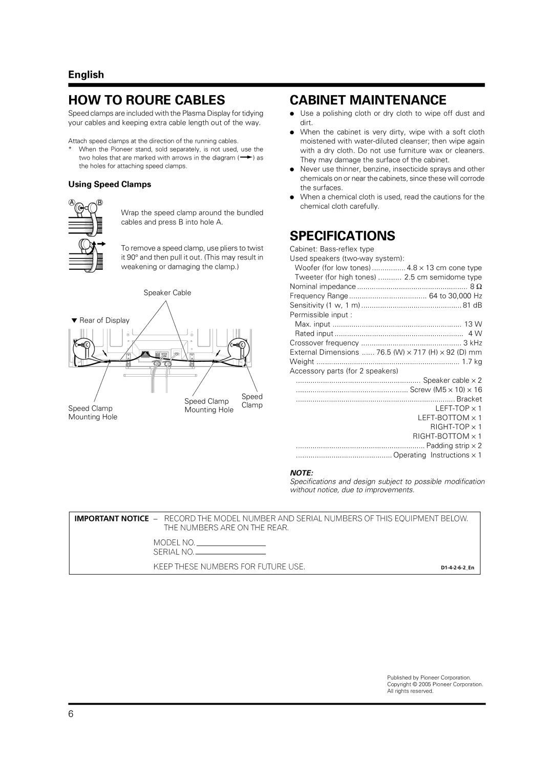 Pioneer PDP-S36 operating instructions HOW to Roure Cables, Cabinet Maintenance, Specifications, Using Speed Clamps 