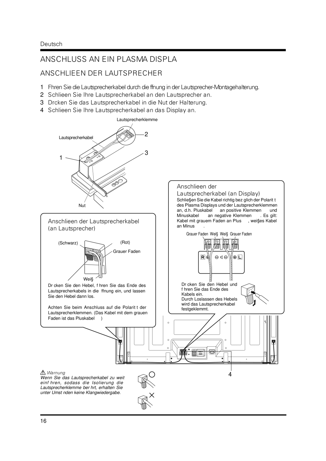 Pioneer PDP-S37 manual Anschluss AN EIN Plasma Display, Anschließen der Lautsprecherkabel an Display 