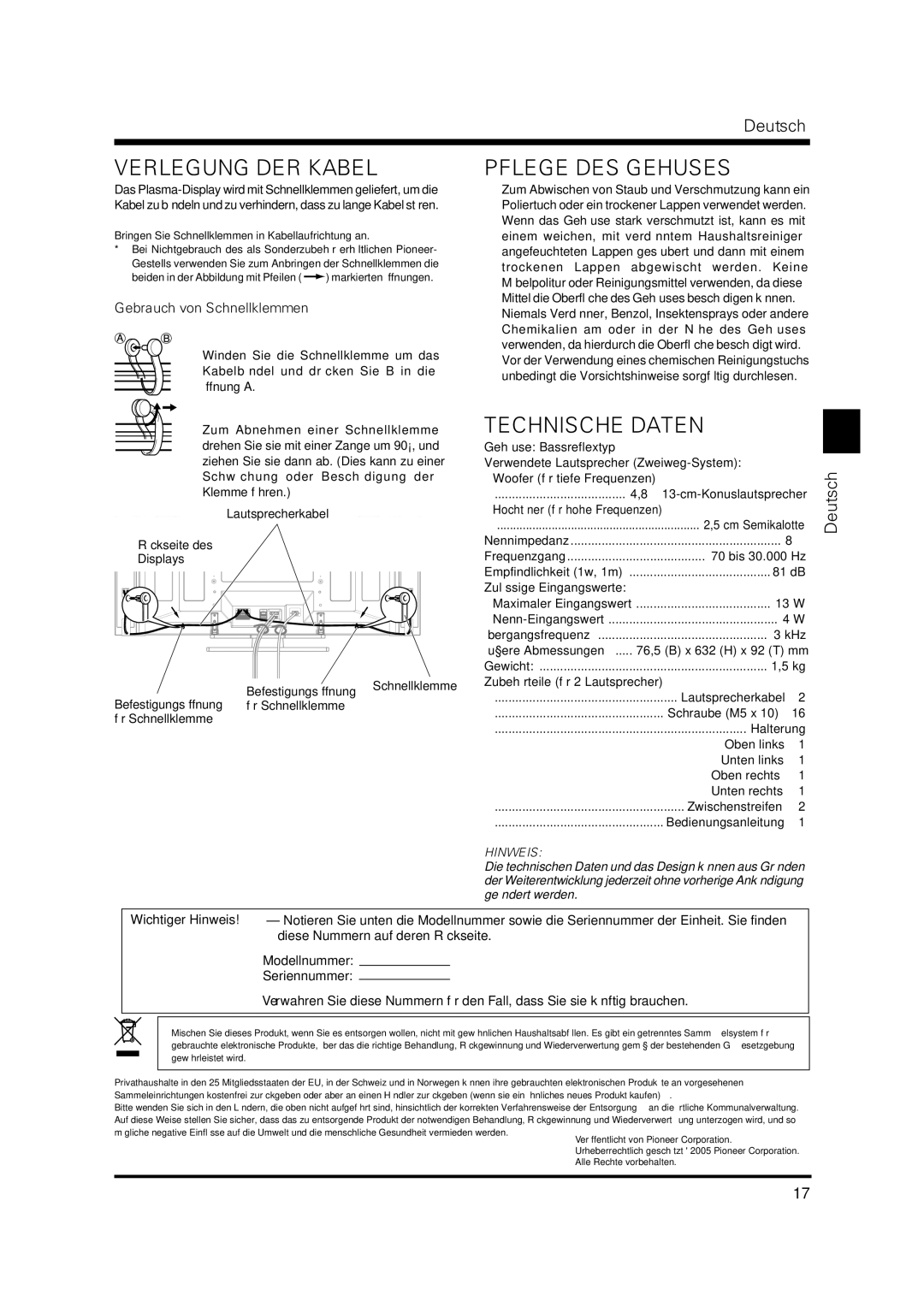 Pioneer PDP-S37 manual Verlegung DER Kabel, Pflege DES Gehäuses, Technische Daten, Gebrauch von Schnellklemmen, Hinweis 