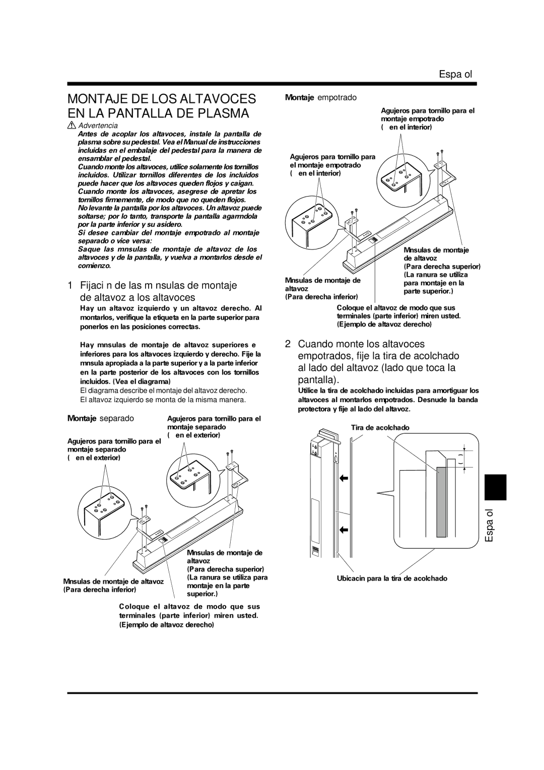 Pioneer PDP-S37 manual Montaje DE LOS Altavoces, EN LA Pantalla DE Plasma, Advertencia 