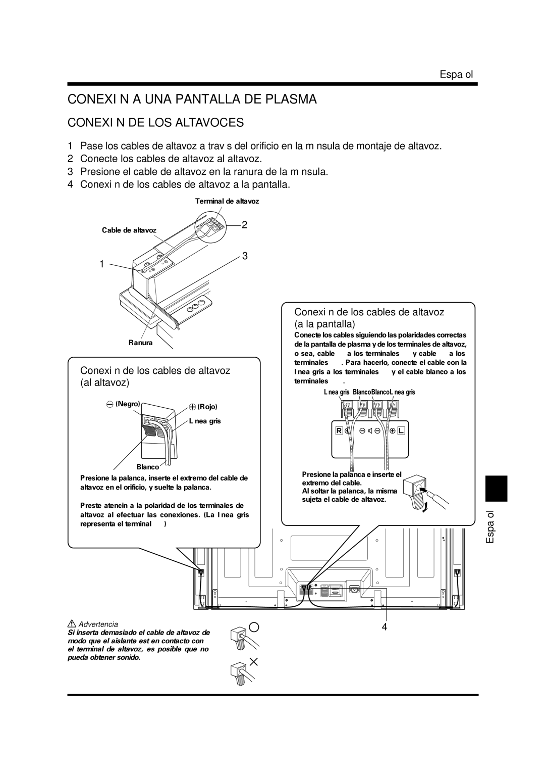 Pioneer PDP-S37 Conexión a UNA Pantalla DE Plasma, Conexión DE LOS Altavoces, Conexión de los cables de altavoz al altavoz 