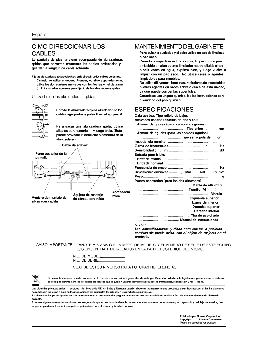 Pioneer PDP-S37 manual Cómo Direccionar LOS Cables, Mantenimiento DEL Gabinete, Especificaciones 