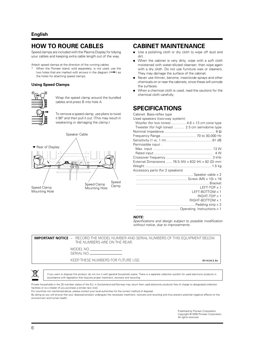 Pioneer PDP-S37 manual HOW to Roure Cables, Cabinet Maintenance, Specifications, Using Speed Clamps 