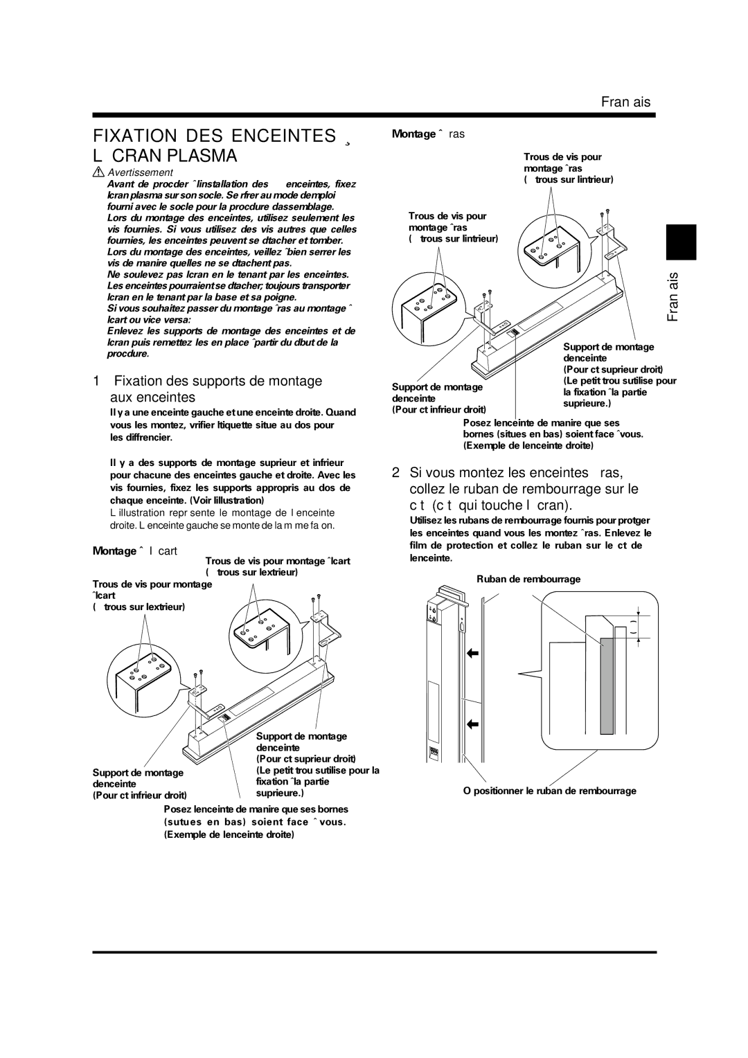 Pioneer PDP-S37 Fixation DES Enceintes À L’ÉCRAN Plasma, Fixation des supports de montage Aux enceintes, Avertissement 