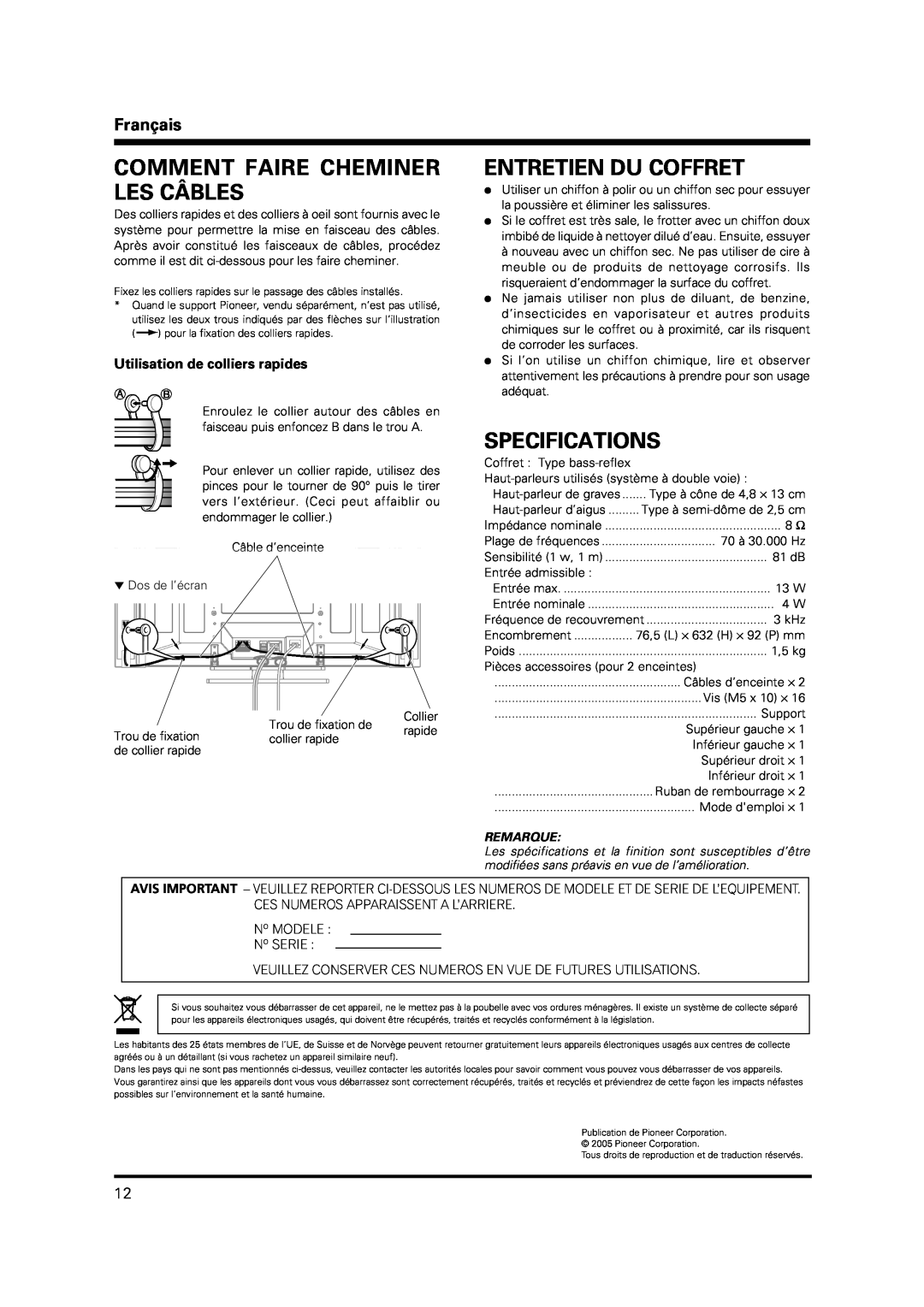 Pioneer PDP-S37 manual Comment Faire Cheminer Les Câbles, Entretien Du Coffret, Specifications, Français, Remarque 