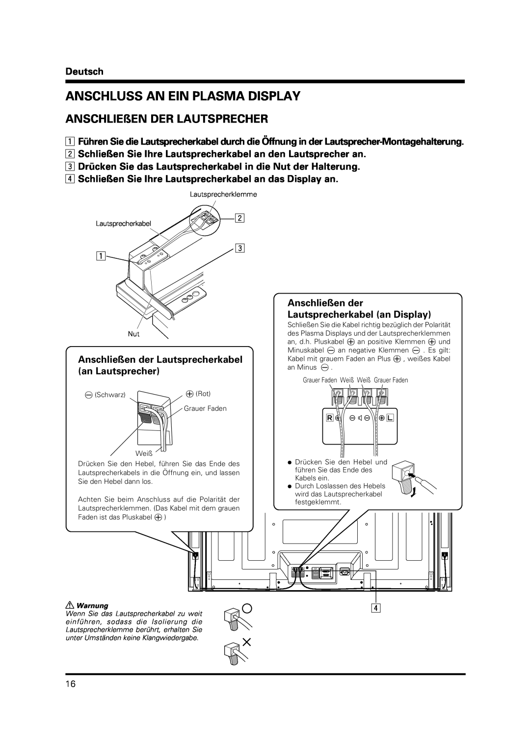 Pioneer PDP-S37 manual Anschluss An Ein Plasma Display, ANSCHLIEßEN DER LAUTSPRECHER, Deutsch, Warnung 