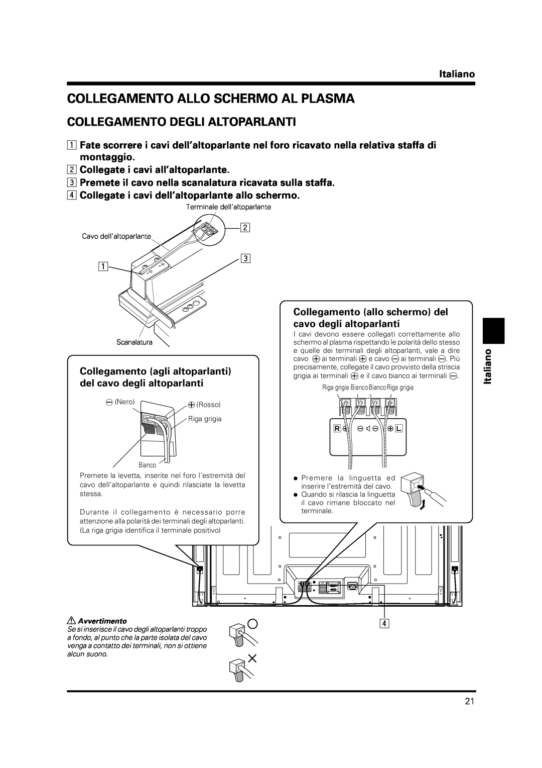 Pioneer PDP-S37 manual Collegamento Allo Schermo Al Plasma, Collegamento Degli Altoparlanti, Italiano 