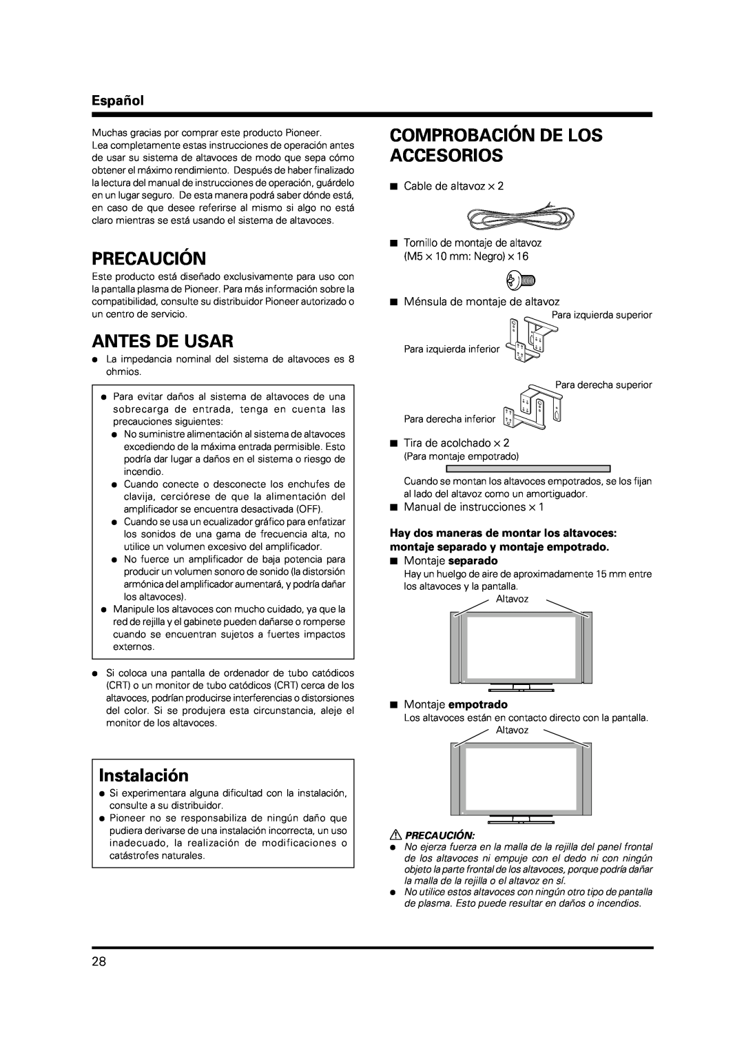 Pioneer PDP-S37 manual Precaución, Antes De Usar, Comprobación De Los Accesorios, Instalación, Español, 7Cable de altavoz ⋅ 